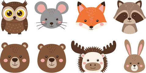 Cute Cartoon Woodland Forest Animal Faces and Characters Set Including Owl, Fox, Bear, and Raccoon Vector.