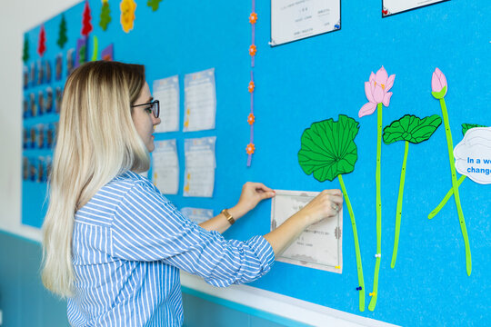 Young woman decorating a classroom bulletin board with student work and certificates