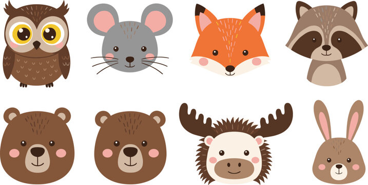 Cute Cartoon Woodland Forest Animal Faces and Characters Set Including Owl, Fox, Bear, and Raccoon Vector.