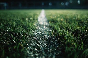 Low Angle View of Green Grass and White Line on Soccer Field in Soft Lighting and Blurred Background, Landscape Shot