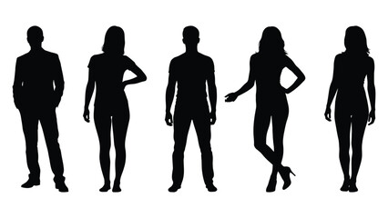 Obraz premium Diverse group of five people silhouettes standing together against a white background