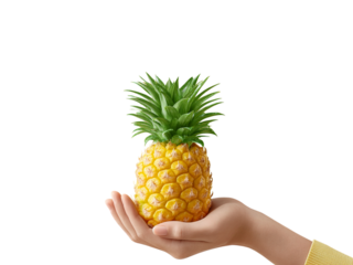 Pineapple held in hand against plain backdrop