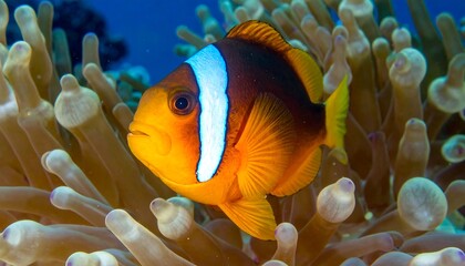 Vibrant Clownfish Amidst Anemone Tentacles in Tropical Waters.