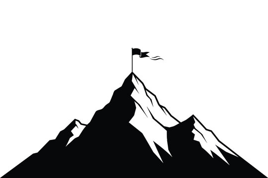 Mountain peak flag vector illustration, achieving goals and success concept