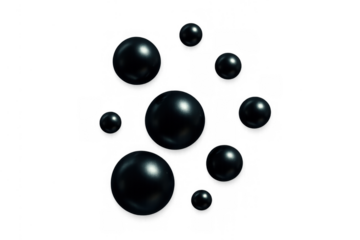 Glossy black geometric spheres floating in a cluster, creating an abstract background texture with reflections on transparent background