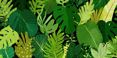 Lush Green Foliage of Tropical Leaves on Black Background Detailed Pixel Art, Vibrant Assortment of Green Tones Creates Dense Exotic Jungle Motif