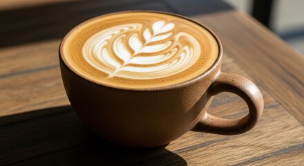 Artistic latte with leaf pattern in ceramic mug on wooden table