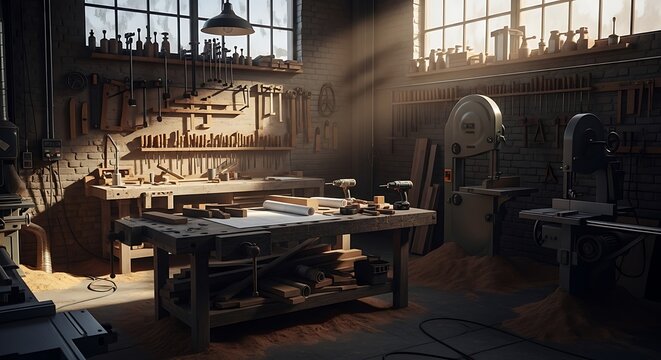 Atmospheric Woodworking Shop Interior with Tools and Sunlit Workbench - Powered by Adobe