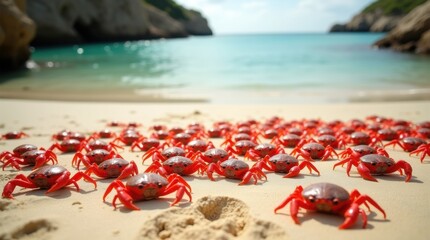 Large group of bright red crabs gathered on a sandy beach near turquoise water