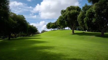 Obraz premium A lush green rolling hill with scattered trees under a bright cloudy blue sky