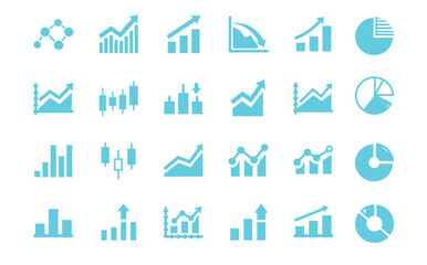 Collection of various blue financial and business growth chart icons representing data analysis and progress