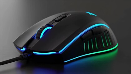 Closeup of a modern black gaming computer mouse with vibrant rgb led lighting, showcasing its sleek design and advanced features on a dark surface