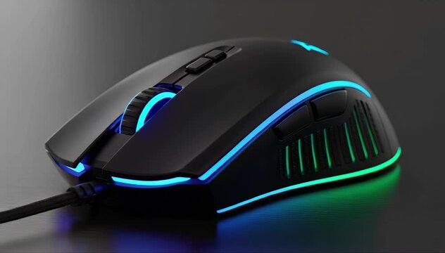 Closeup of a modern black gaming computer mouse with vibrant rgb led lighting, showcasing its sleek design and advanced features on a dark surface
