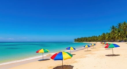 Fototapeta premium Colorful umbrellas on tropical beach with clear blue sky and palm trees