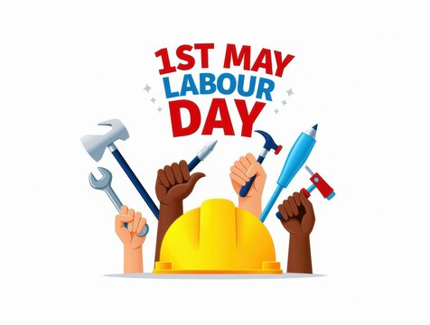 May day labor day celebration with tools and hard hat
