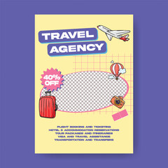 Retro Travelling Agency Business A4 Print Flyer and Vintage Holiday Tour Poster Template Design for Vacation Package Deals, Hotel Resort Booking, Adventure Trip Promo, Tourism Advertisement