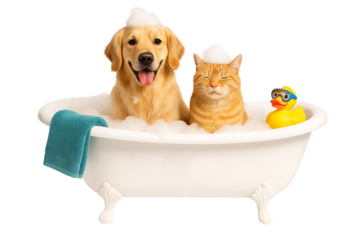 Cute dog and cat in soapy bubbles, smiling pets in bathtub with towel, animal care and hygiene theme