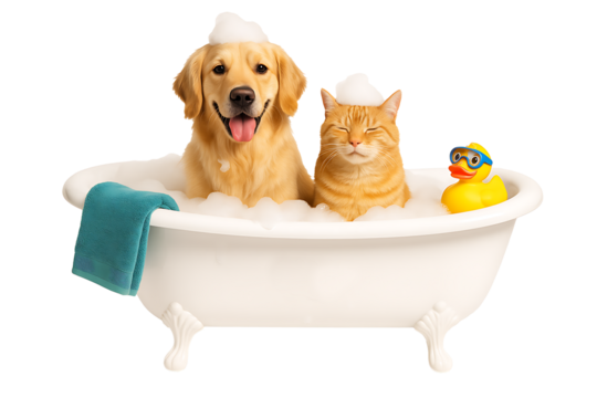 Cute dog and cat in soapy bubbles, smiling pets in bathtub with towel, animal care and hygiene theme