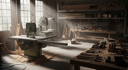 Dusty Woodworking Shop with Vintage Machinery and Sunlight Beams