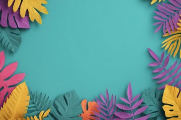 Abstract Tropical Foliage Frame on Teal Background with Textured Leaves and Vivid Colors