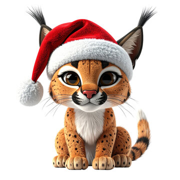 Adorable cartoon wildcat cub wearing a festive red and white hat sits, clipart, isolated on a transparent background.