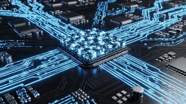 Blue electronic circuit board, with its hardware components and microchip closeup, creates an abstract technology background