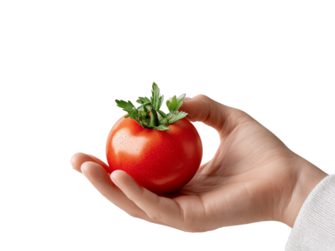 Hand holds red tomato with parsley healthy food