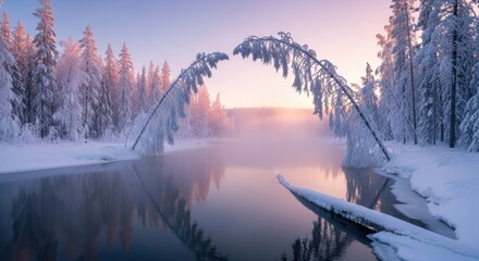 Snow covered trees arching over a misty river during a serene winter sunrise
