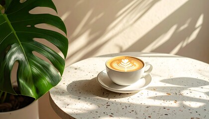 Morning Coffee with Latte Art and Monstera Plant Shadows.