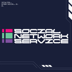 Retrofuturistic Style Typography Logotype of Social Network Service with Tri-color Neon Stripes and Futuristic Interface Frame Template