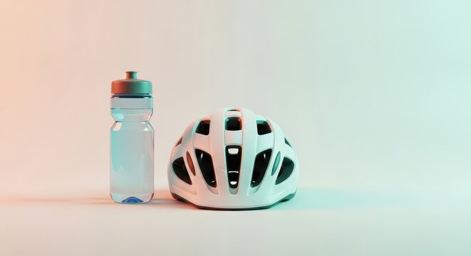 White bicycle helmet and water bottle on gradient background