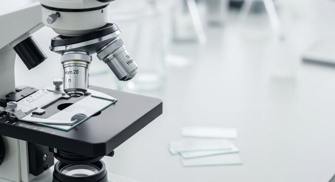 Close-up of a microscope in a modern laboratory setting