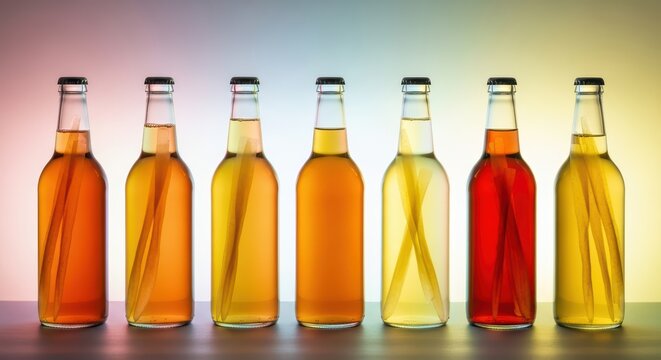 Variety of colorful bottled beverages displayed in a row against gradient background
