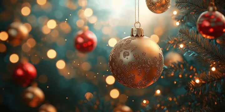 Close up of a Christmas tree with golden and red baubles hanging on branches and blurred lights background for holiday card template