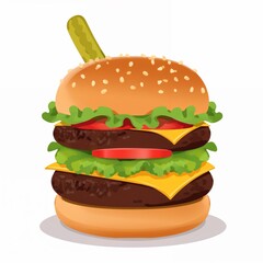 Stacked double cheeseburger with pickle, lettuce, tomato, cheese