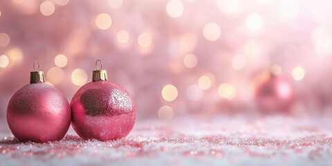 Pink Christmas background with two ornaments on the left and bokeh lights for festive banner concept with copy space area for text