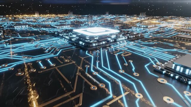 Aerial night view of a city skyline resembling an electronic circuit board with traffic glowing on the highway and road networks - Powered by Adobe