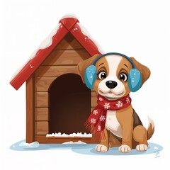 Cute cartoon dog with earmuffs and scarf next to snowy doghouse