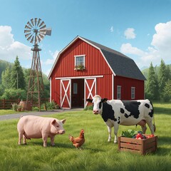 Classic farm scene with barn, cow, pig, chicken, and windmill.