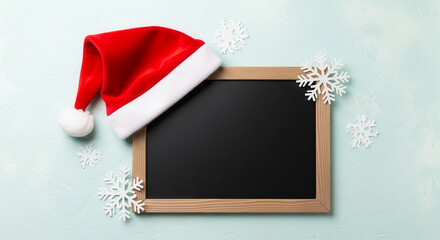 Festive christmas blackboard with santa hat and snowflakes for holiday messages and greetings