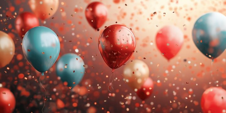 Colorful balloons with confetti flying in the air on a blurred background for party, celebration, or festive day concept