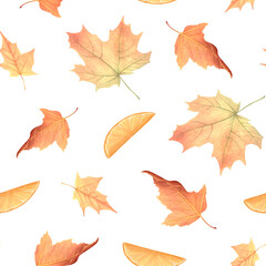 A watercolor seamless pattern with autumn leaves and orange slices. Isolated illustration in a simple, children's style, hand-drawn for wrapping paper, cards, and invitations.