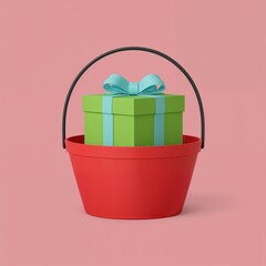 Green gift box with blue ribbon in red bucket, pink background