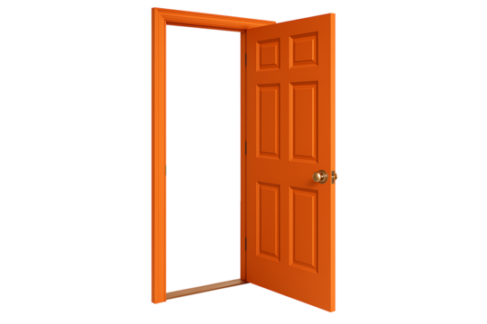 Partially open orange panel door with brass knob, doorway and threshold symbol, isolated product rendering