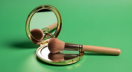 A compact mirror with two makeup brushes placed on a vibrant green surface, showcasing beauty and personal care accessories in a minimalistic setting