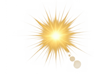 Golden sun burst overlay effect with bright lens flare and glowing starburst light, transparent background