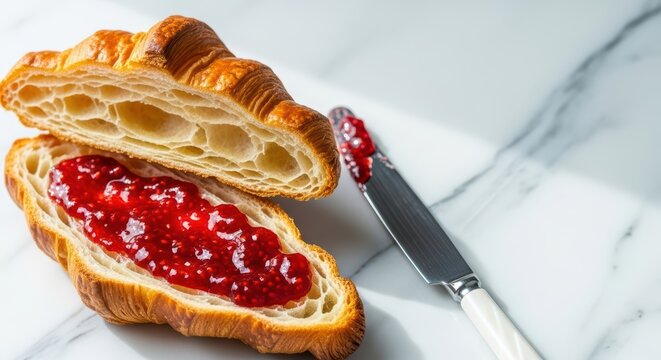 Flaky croissant with raspberry jam and knife on marble surface - Powered by Adobe