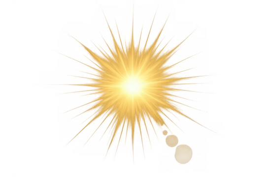 Golden sun burst overlay effect with bright lens flare and glowing starburst light, transparent background