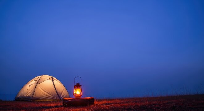 Illuminated tent and lantern at dusk in open field