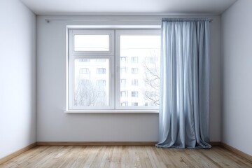 Fototapeta premium Empty interior room features a white window frame and light blue drapery covering part of the glass